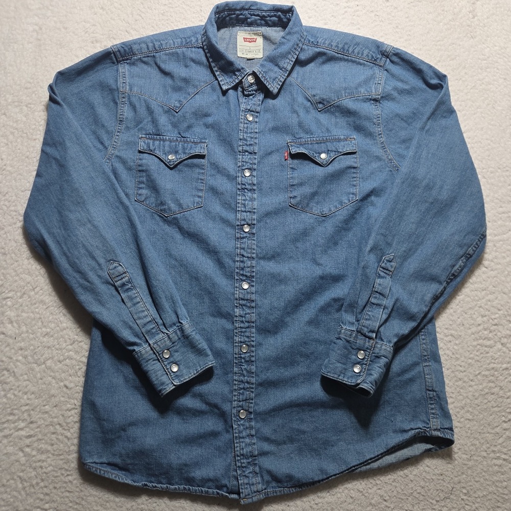 VTG Levis Mens Large Denim Western Pearl Snap Shirt Standard 90s Y2K Long Sleeve